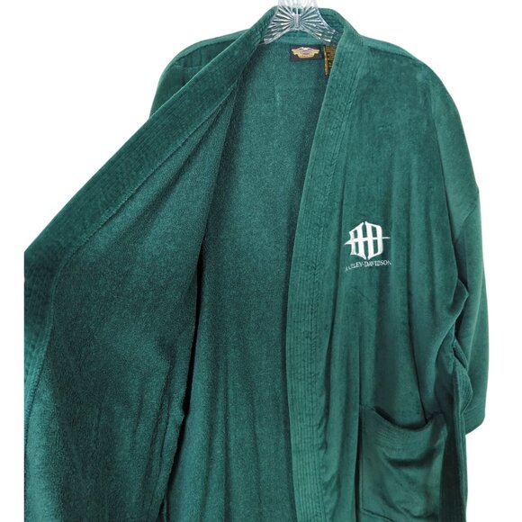 Vintage Harley-Davidson Green Terry cloth Bathrobe OSFM two belted with Pockets - Picture 8 of 16